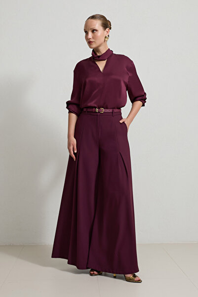 Setre Vişne Pile Detaylı Rahat Kesim Kemerli Pantolon