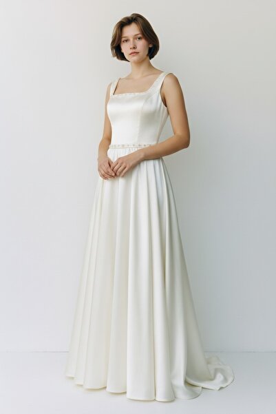 bride in love Kare yaka Yırtmaçlı saten gelinlik,nikah elbisesi