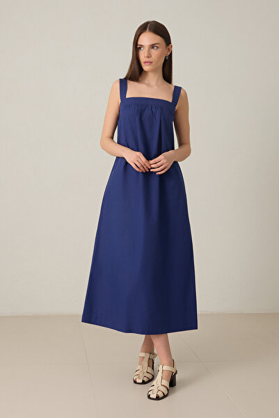 Setre Navy Blue 100% Cotton Wide Fit Square Collar Midi Dress with Cotton Sti...