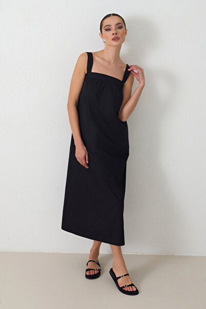 Setre Black 100% Cotton Wide Fit Square Collar Midi Dress with Cotton Stitchi...