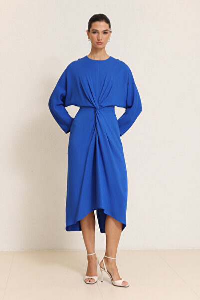 Setre Saks Long Sleeve Midi Dress with Drawstring Detail at the Waist