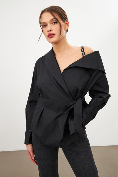 Setre Черна 100% памучна блуза с асиметричен дизайн с едно открито рамо, дета...