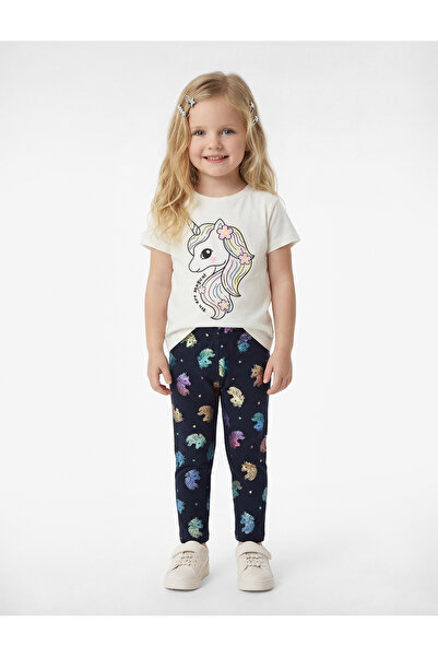 Koton Unicorn Baskılı Lacivert Kız Bebek Tayt 6SMG40023AK