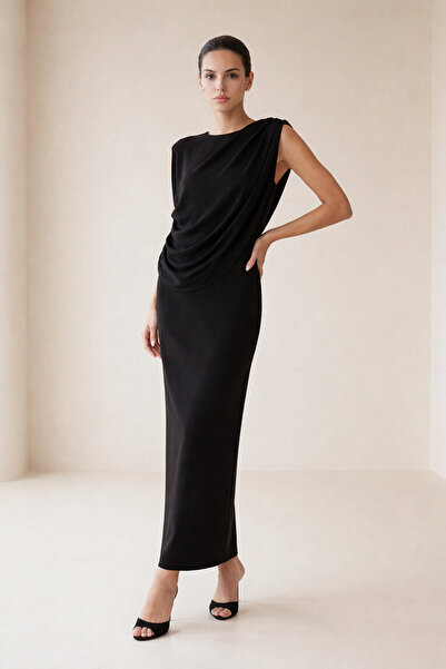 Setre Черна рокля с дължина до коляното с детайли на ръкавите и драперии