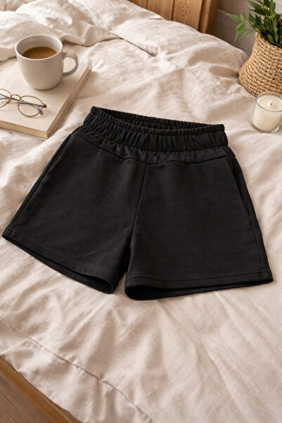 koza iç giyim Kadın Pamuklu Siyah Bel Lastik Detaylı Şort