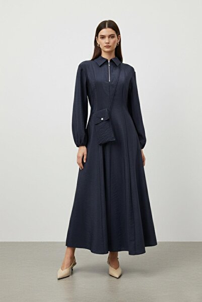 Soul فستان نسائي طويل الأكمام بسحاب أمامي-32448ELB - كحلي