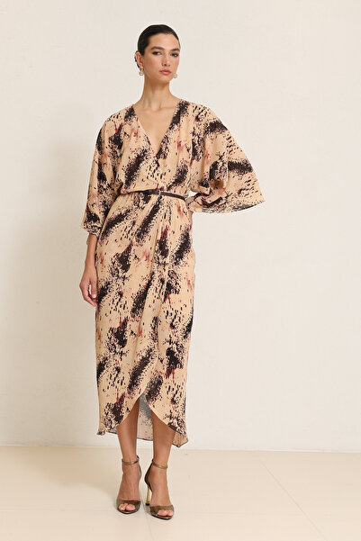 Setre Camel Belt Detailed Comfortable Cut Midi Length Patterned Dress