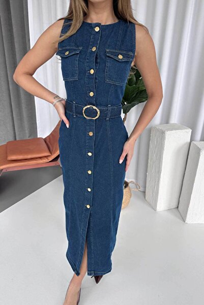 Mine Tan Butik Sleeveless Denim Slit Detailed Women's Dress with Gold Belt