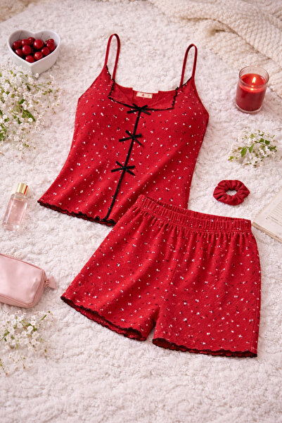 koza iç giyim Kadın İnce Askılı Fiyonklu Pamuklu Şortlu Pijama Takımı