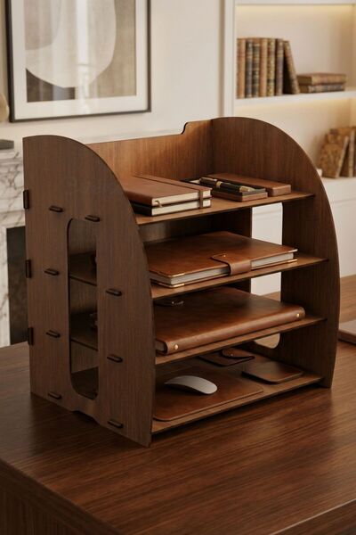 Evene Dosya Düzenleyici Masa Üstü Organizer Ahşap Evrak Rafı Ceviz Renk Model 6