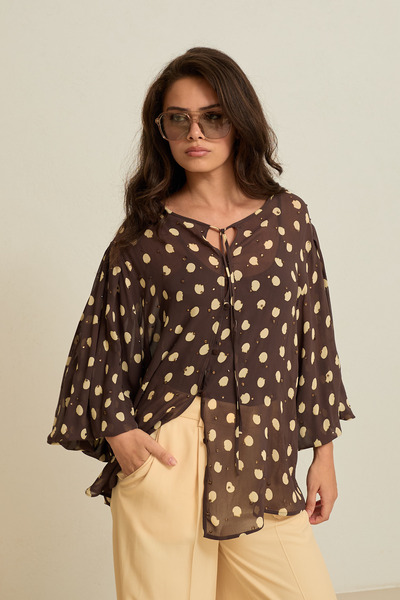 Setre Блуза с кафе-екру мотив, балонни ръкави, детайл с връзки, свободна кройка