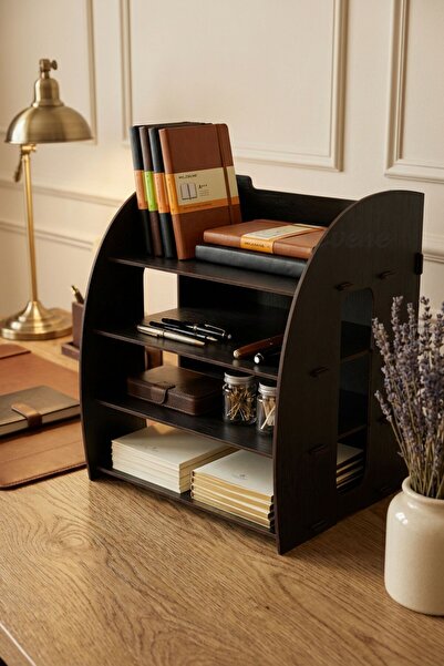 Evene Dosya Düzenleyici Masa Üstü Organizer Ahşap Evrak Rafı Siyah Renk Model 6