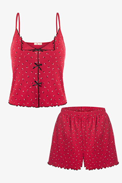 koza iç giyim Kadın İnce Askılı Fiyonklu Pamuklu Şortlu Pijama Takımı