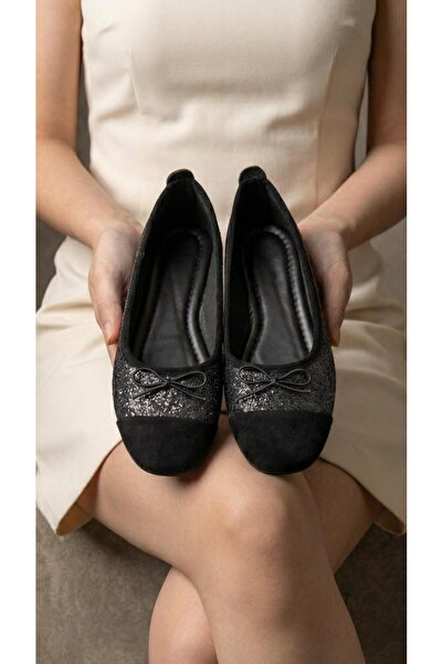 Beyond Women's Black Glitter Bow Detailed Stylish Mary Jane Ballerinas 1cm By...