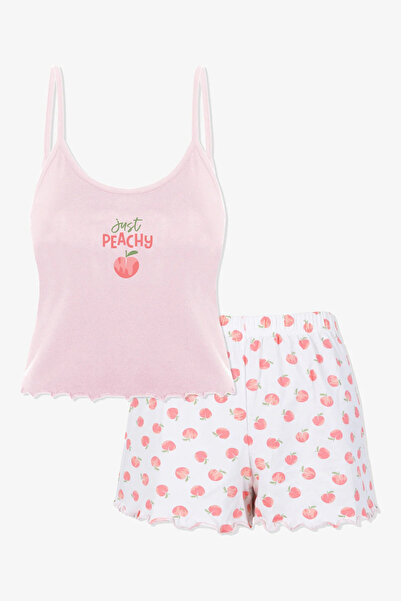 koza iç giyim Kadın Pamuklu Baby Overloklu İp Askılı Şortlu Pijama Takımı