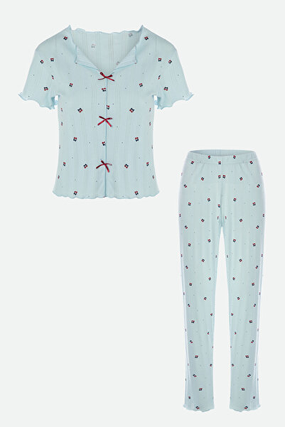 koza iç giyim Kadın Kısa Kollu Fiyonklu Fitilli Pijama Takımı