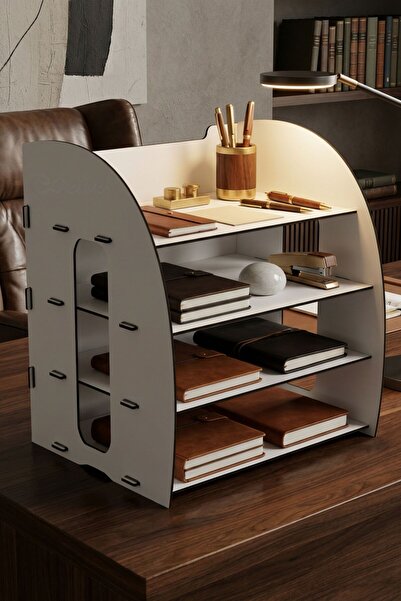 Evene Dosya Düzenleyici Masa Üstü Organizer Ahşap Evrak Rafı Beyaz Renk Model 6