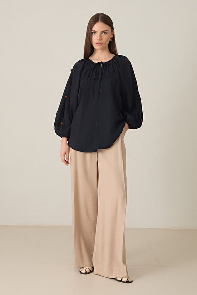 Setre Black Button and Sleeve Detailed Blouse