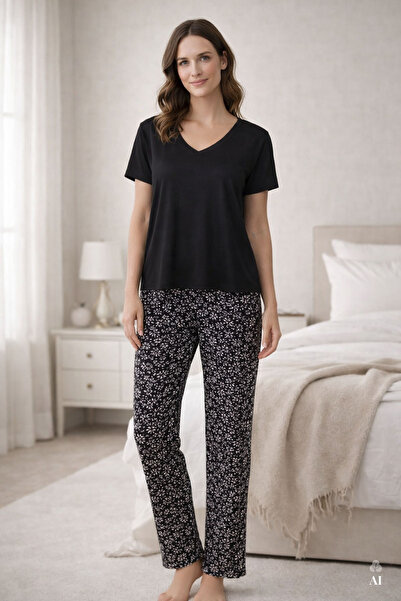 koza iç giyim Kadın Viskon V Yaka Kısa Kollu Curve Pijama Takımı