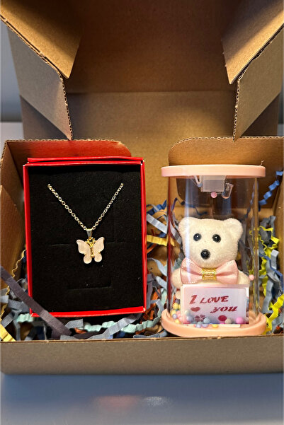 Saltos Beyaz Kelebekli Gold Kolye ve Ayıcıklı Işıklı Fanus Doğum Günü Hediyes...