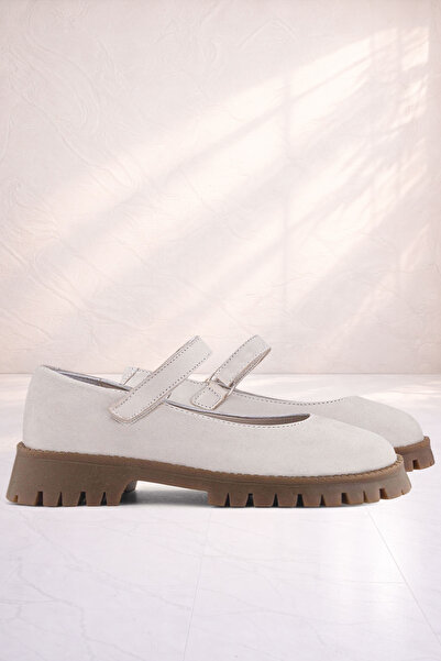 Rakerplus Genuine Leather Cream Nubuck Velcro Thick Soled Girls' School Shoes