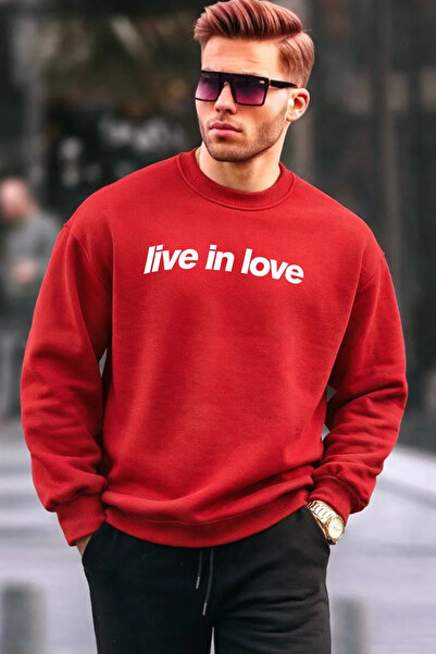 COMBİNE MİCHAİL Hanorac roșu pentru bărbați, casual, din bumbac, cu design scris