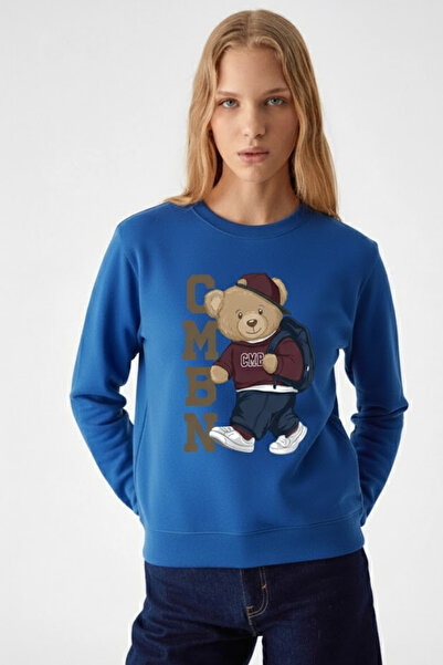 COMBİNE MİCHAİL Women's Cmbn Teddy Bear Printed Blue Sweatshirt