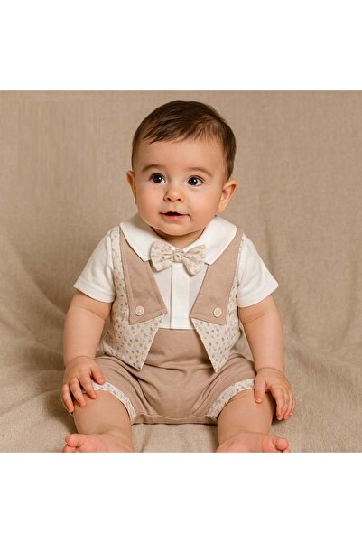 Jolly Joy Patterned Baby Boy Jumpsuit with Pockets Beige