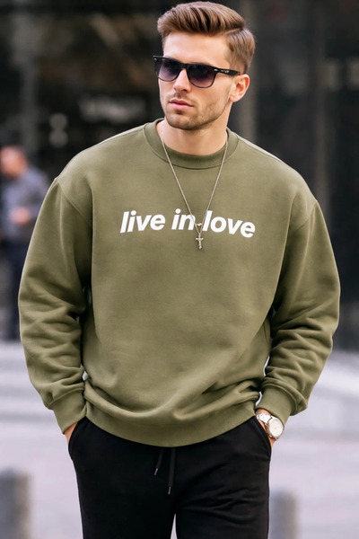 COMBİNE MİCHAİL Βαμβακερό ανδρικό φούτερ χακί με γραπτό σχέδιο