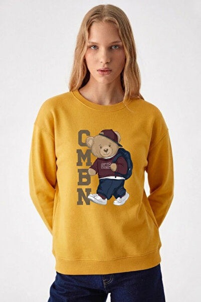 COMBİNE MİCHAİL Women's Cmbn Teddy Bear Printed Mustard Sweatshirt