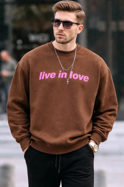 COMBİNE MİCHAİL Hanorac maro casual pentru bărbați, din bumbac, cu design scris