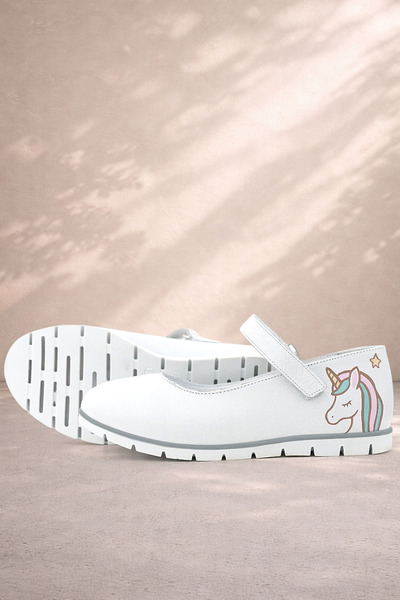 Rakerplus Pantofi de balerină pentru fete albe din piele naturală cu design s...