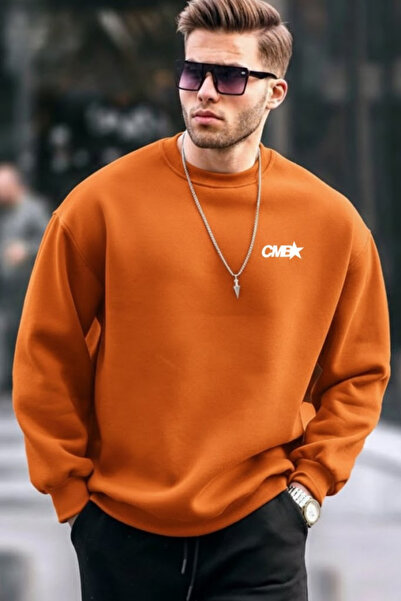 COMBİNE MİCHAİL Chest Printed Cotton Men's Orange Sweatshirt