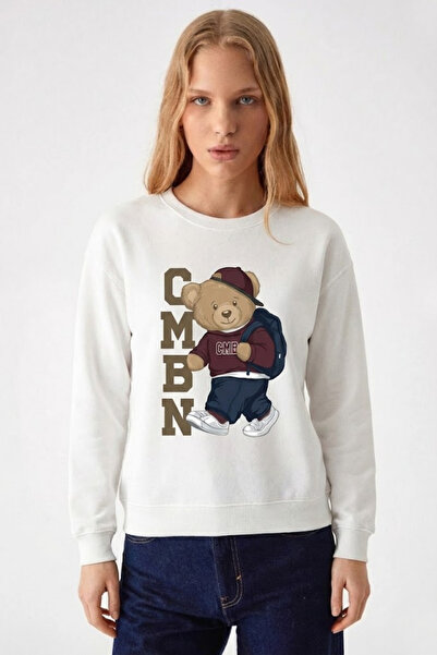 COMBİNE MİCHAİL Women's Cmbn Teddy Bear Printed Ecru Sweatshirt