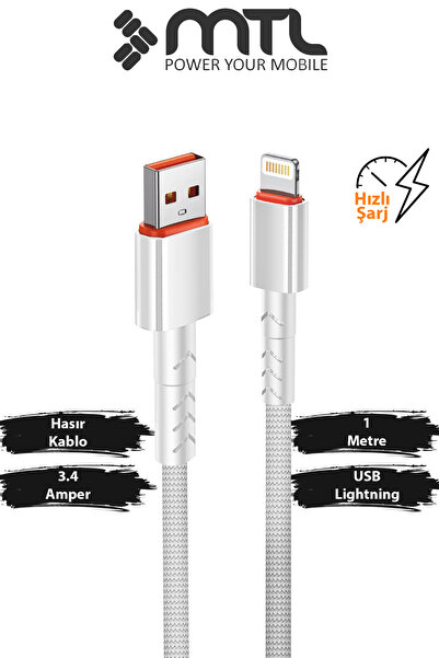 MTL 3.4A USB to iPhone Lightning Hasır Hızlı Şarj ve Data Aktarım Kablosu 1 M...