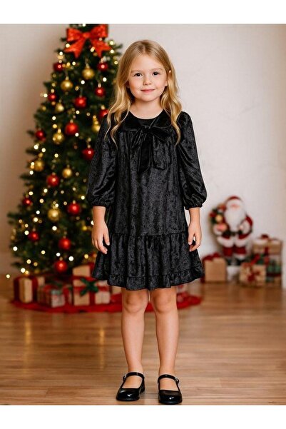 Zekids Rochie pentru fetiță din catifea cu fundă țesută