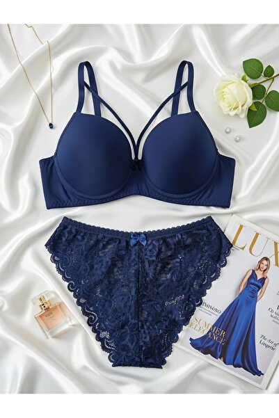 WOMEN'S WORLD FANTASY Lace Panties with Strap Support and Navy Blue Bra Set