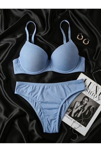 WOMEN'S WORLD FANTASY Blue Bra Set with Striped Pattern Support