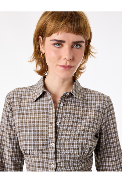 Koton Slim Fit Uzun Kollu Klasik Yaka Ekoseli Crop Gömlek