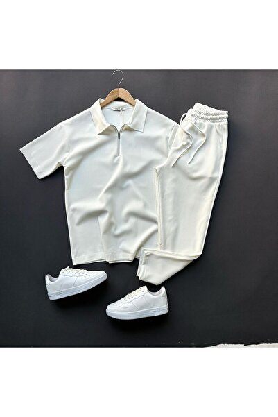 THEGENTMAN Set de 2 tricou cu guler polo cu jumătate de fermoar și pantaloni ...