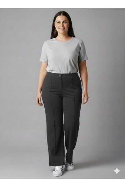 BETES Women's Large Size Crepe Fabric Elastic Waist Lycra Palazzo Gray Trousers