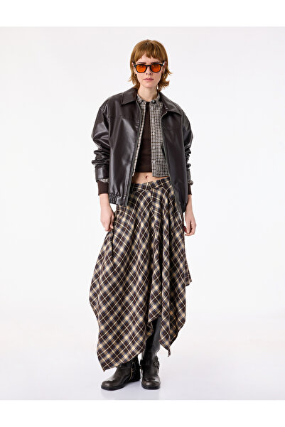 Koton Regular Waist Asymmetrical Cut Plaid Midi Skirt