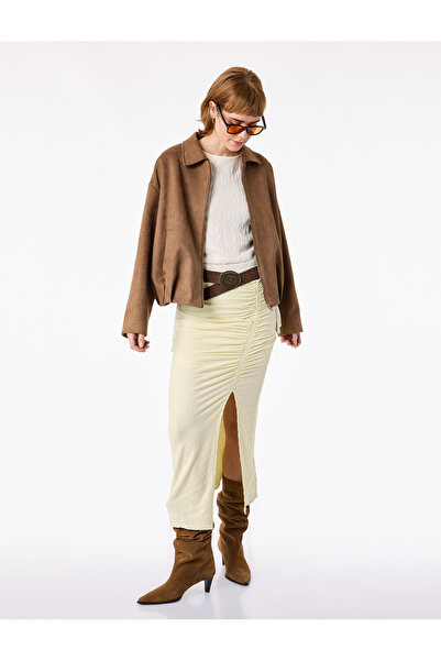 Koton Slim Fit Wrinkled Fabric Drape Detailed Midi Length Pencil Skirt