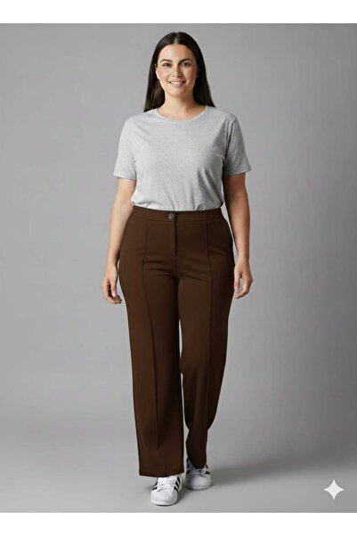 BETES Women's Large Size Crepe Fabric Lycra Palazzo Brown Trousers with Elast...