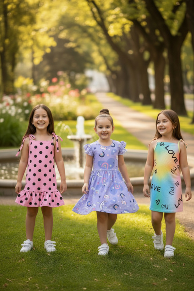 minikiss Καλοκαιρινό εμπριμέ Lycra Κοριτσίστικο φόρεμα 3 τεμαχίων