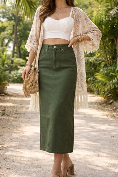 Dema Kadın Pamuklu Haki Denim Etek