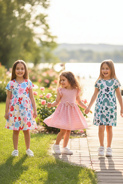 minikiss Καλοκαιρινό εμπριμέ Lycra Κοριτσίστικο φόρεμα 3 τεμαχίων