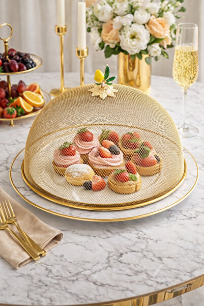 EBRULİEMAYE 30 cm Lüx Gold Çelik Örgü Tel Fanus Sunum Kapak Limon Tepeli