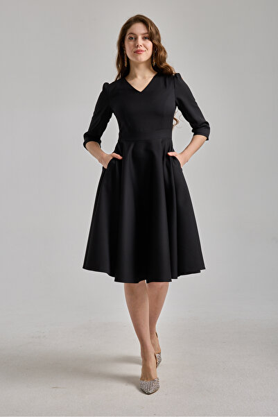 MAG FASHİON Μαύρο βραδινό φόρεμα αποφοίτησης με λαιμόκοψη V, τριών τετάρτων μ...