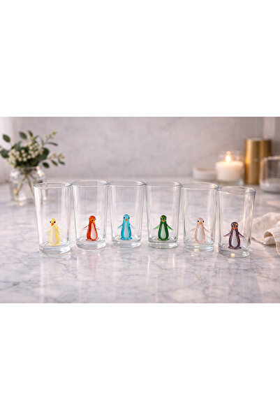 ADAMODART Penguen Cam Figürlü Kahve Yanı Bardağı 6'lı Set